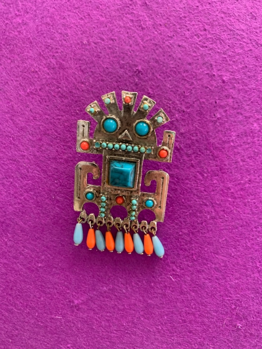 Vintage Capri Tribal Turquoise & Coral Statement Pin